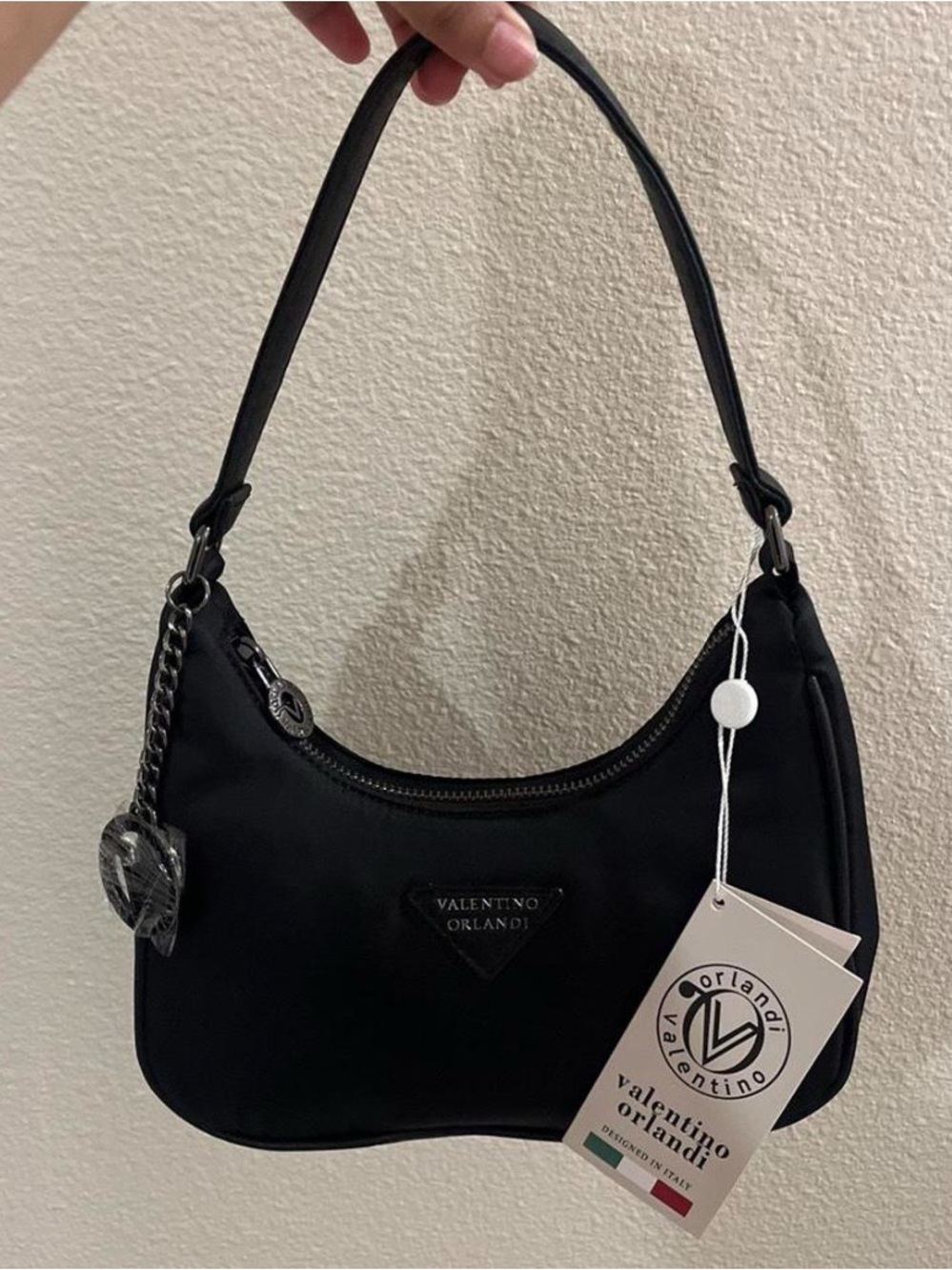 Valentino Orlandi Black Nylon Shoulder Bag with Logo Charm